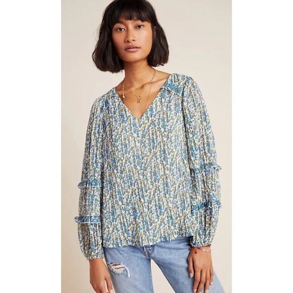 Anthropologie Maeve Avery Pleated Peasant Blue Floral Balloon Sleeve Top Boho S - Picture 1 of 7